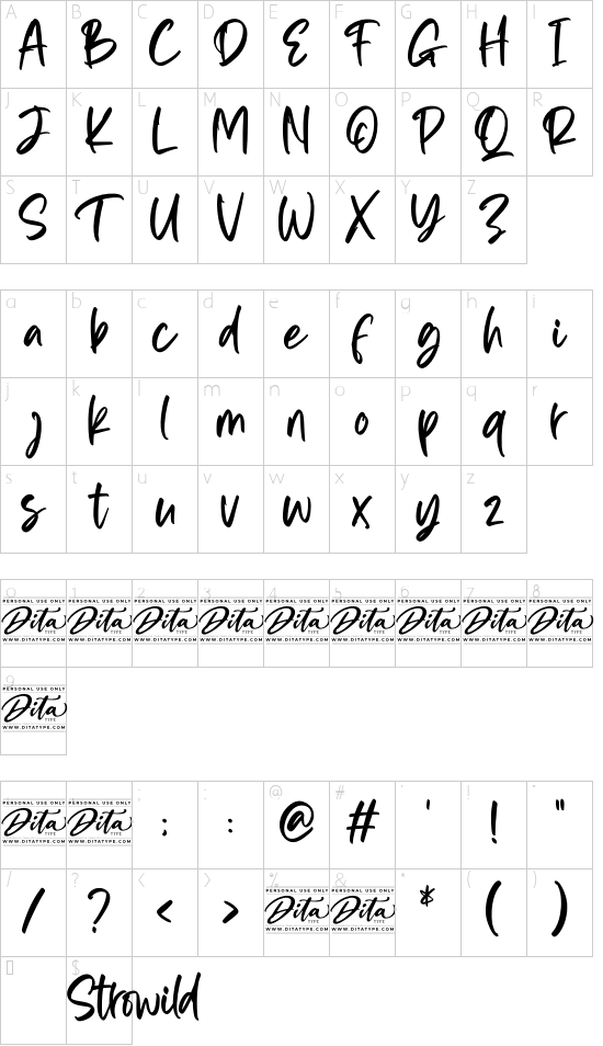 Strowild Personal Use font character map