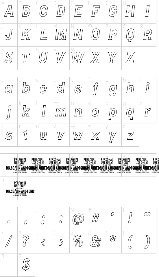 Gin And Tonic Out PERSONAL Italic font character map