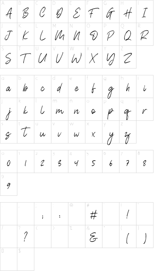 Brokllyng Regular font character map