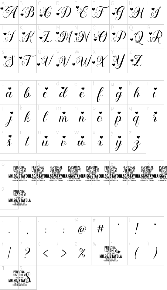 Stayola Heart PERSONAL USE Regular font character map