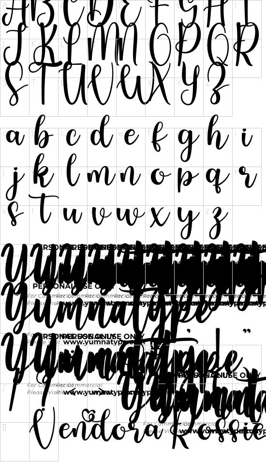 Vendora Rossie Personal Use font character map