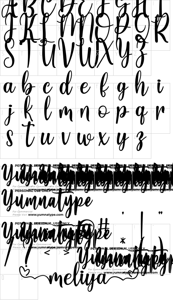 Meliya Personal Use font character map