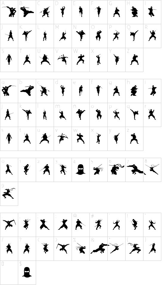 Barrel of Ninjas font character map