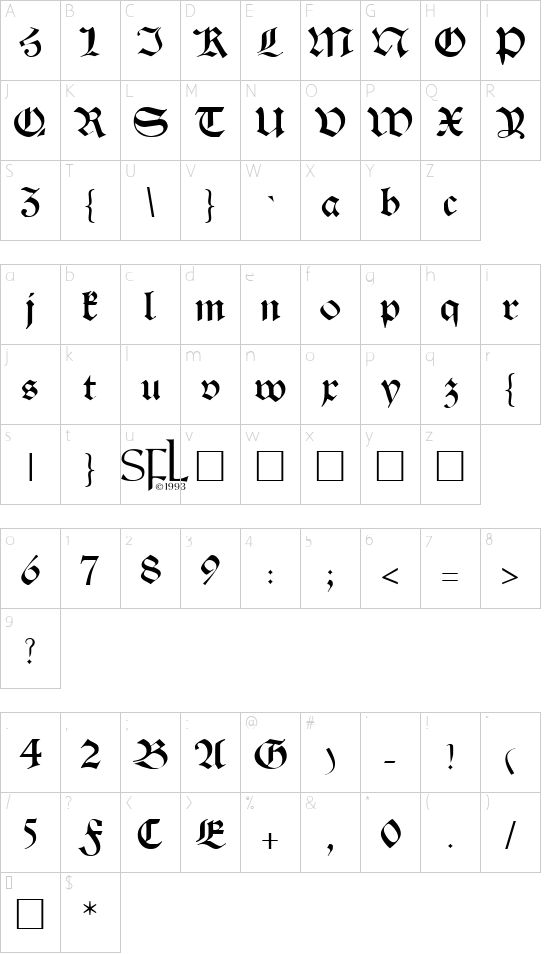 Theodoric font character map