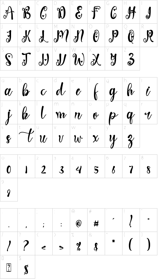 Spring Heart font character map