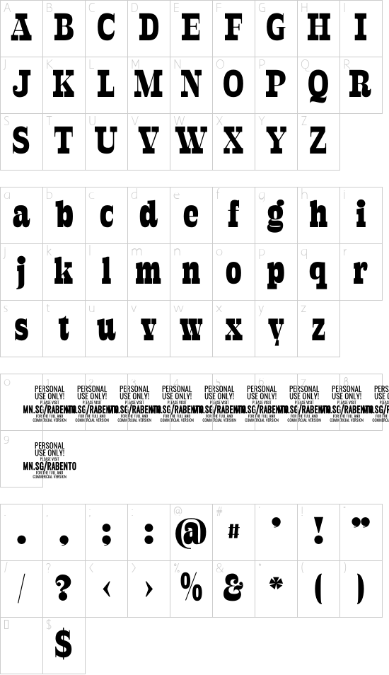 Rabento PERSONAL USE ONLY Black font character map