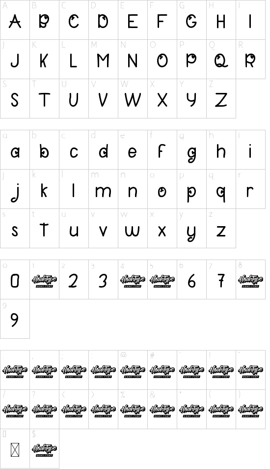 Back Green Demo font character map