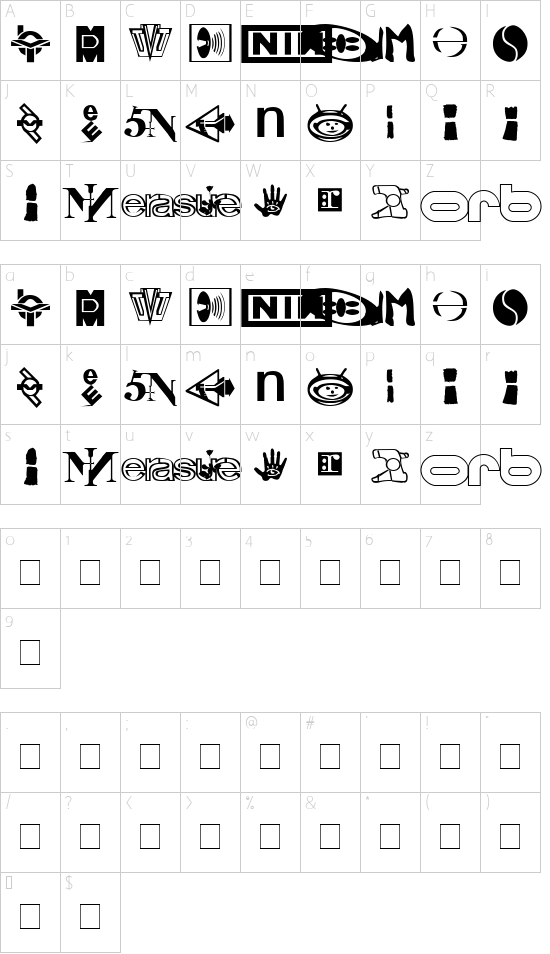 Technobats font character map