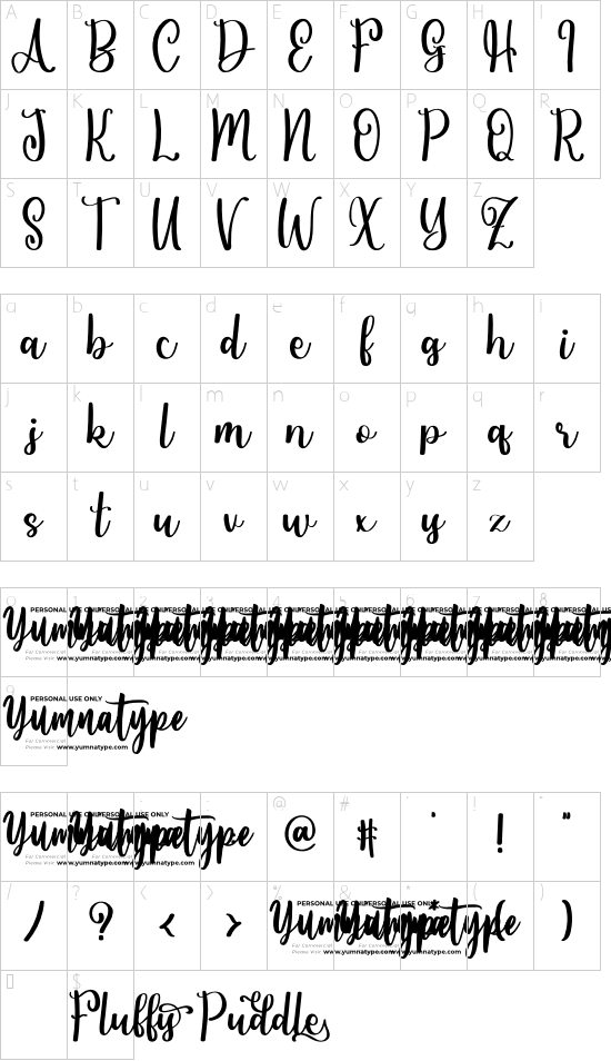 Fluffy Puddle Personal Use font character map