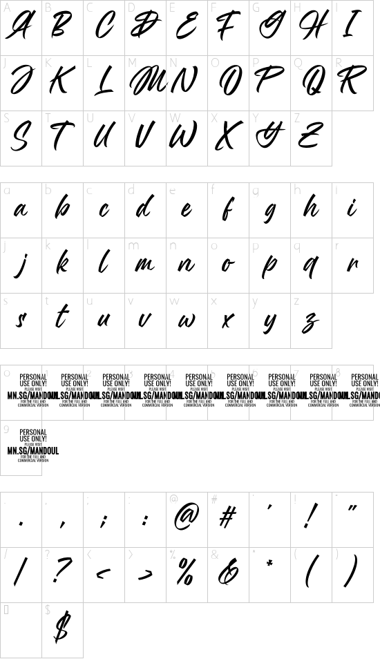 Mandoul Script PERSONAL USE ONLY Regular font character map
