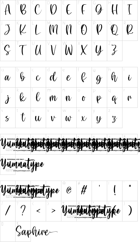 Saphire Personal Use font character map