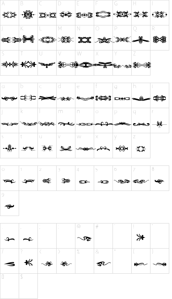 Bougy_PersonalUseOnly font character map