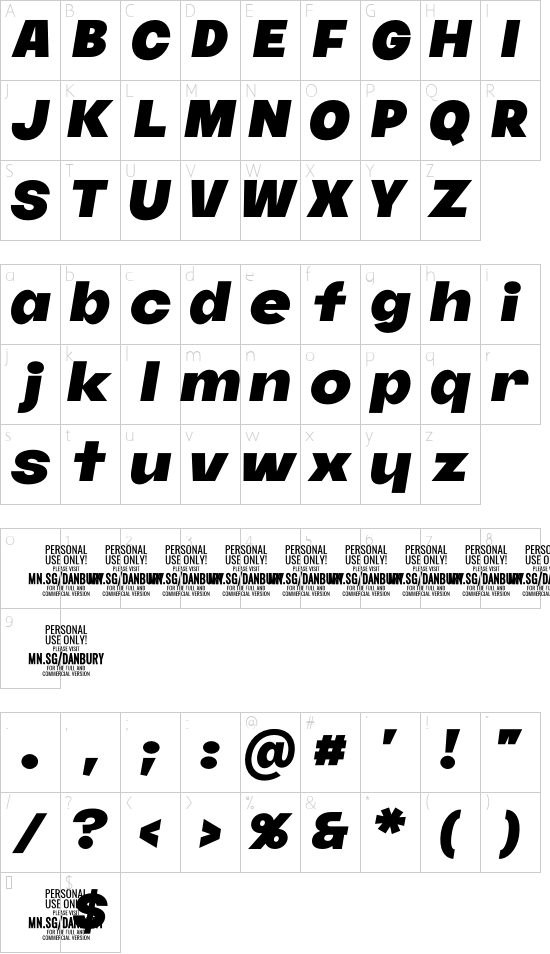 Danbury PERSONAL USE Regular font character map