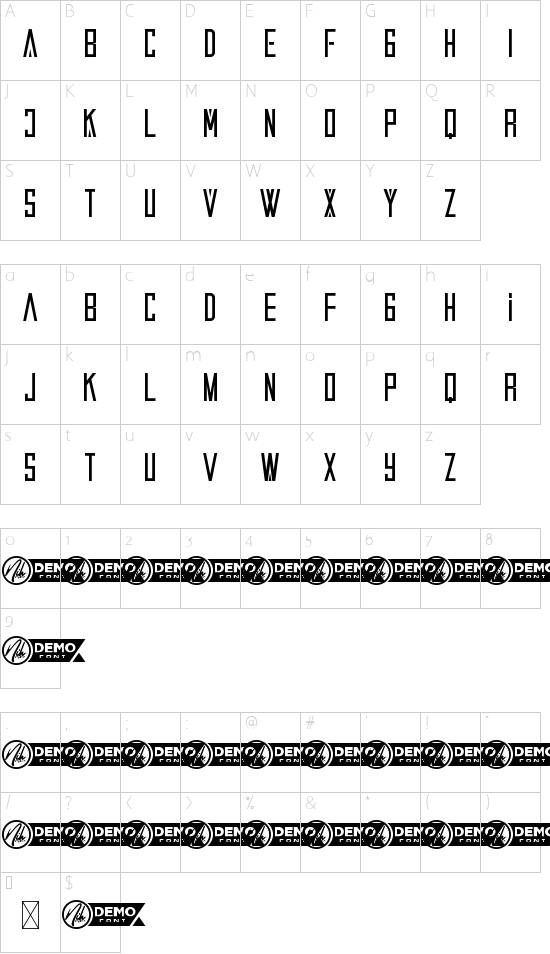 Tombaks Demo font character map