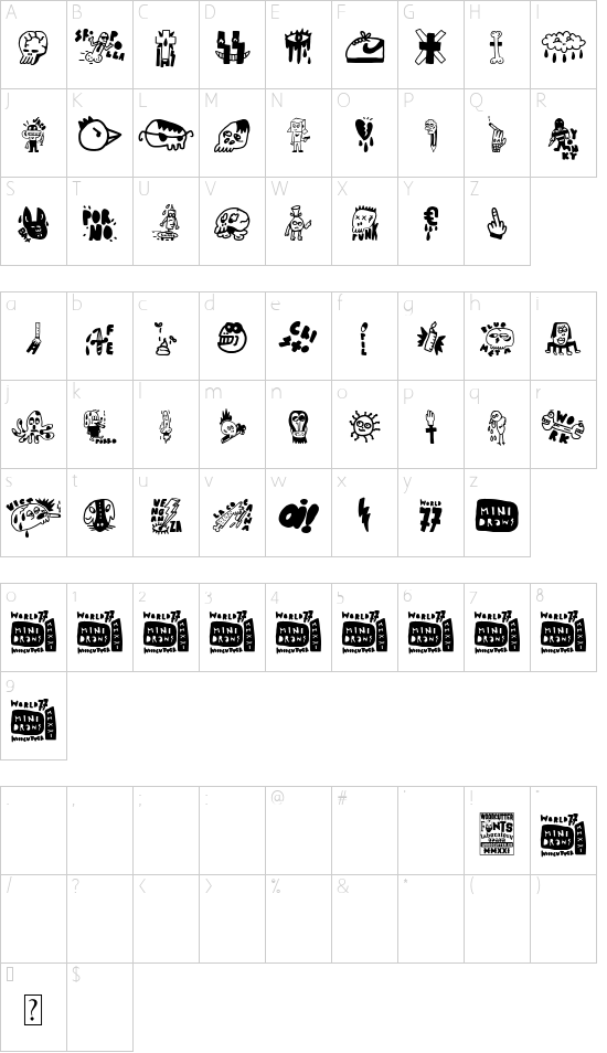 World 77 mini draws font character map