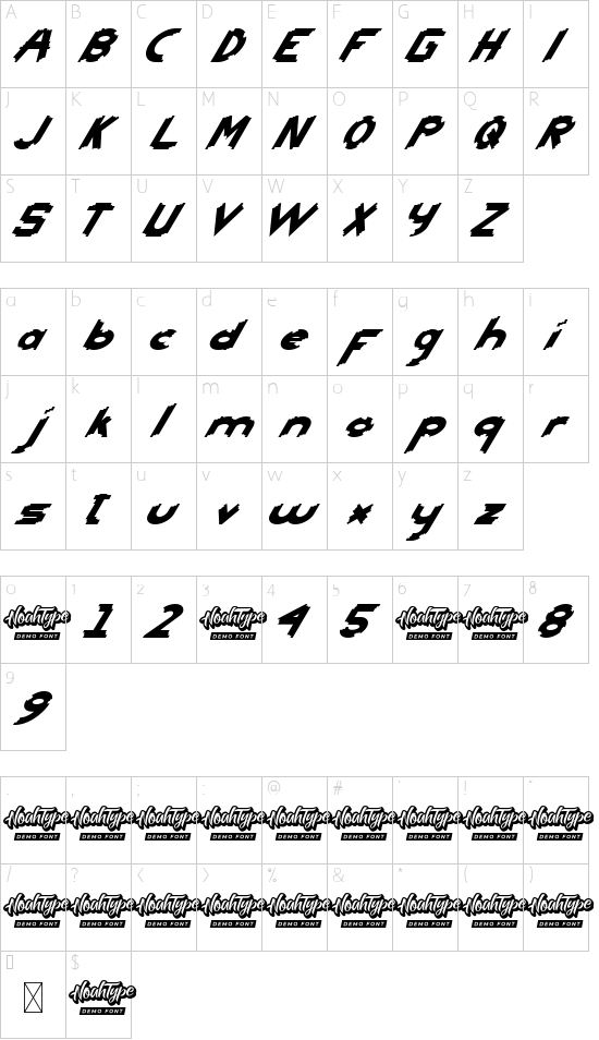 Head Kick Demo Italic font character map