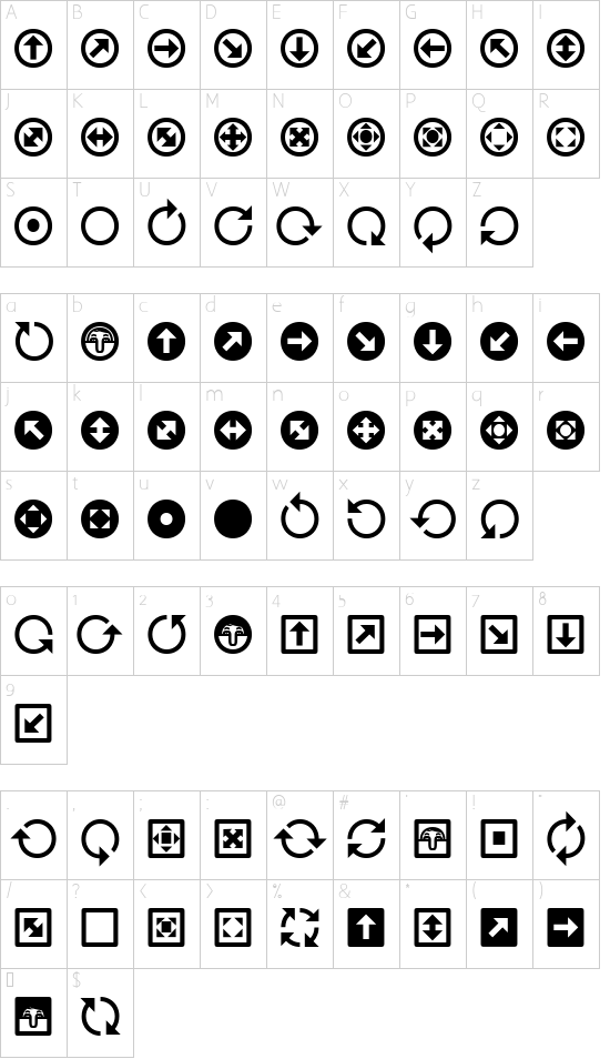 Uchrony Arrows Bold font character map