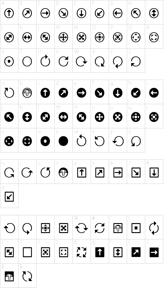 Uchrony Arrows Regular font character map