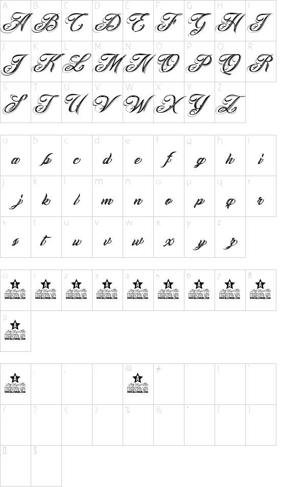 ANGELES PERSONAL USE Italic font character map