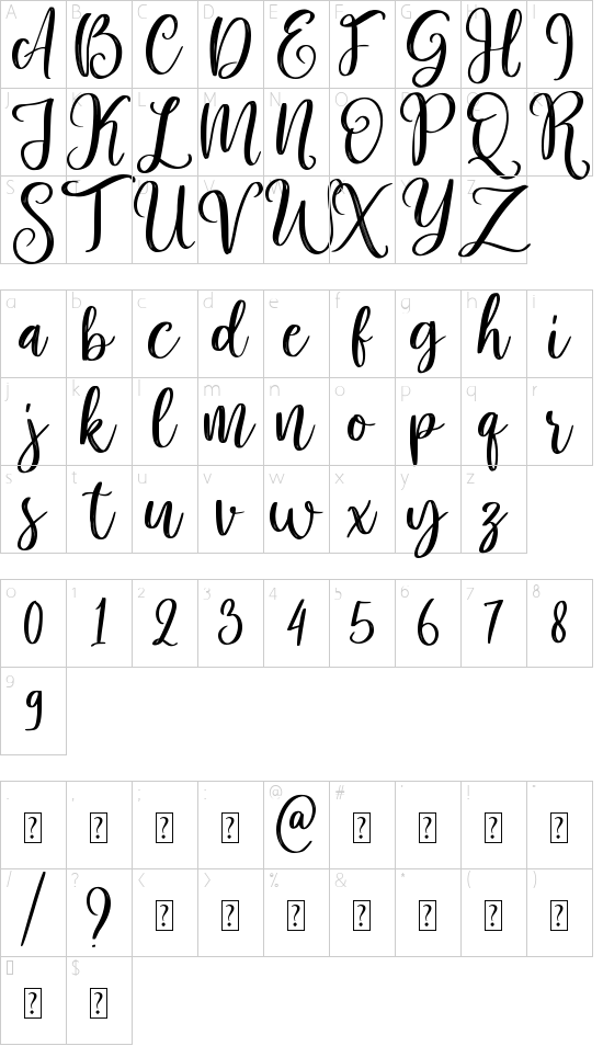 Rosemate Script font character map
