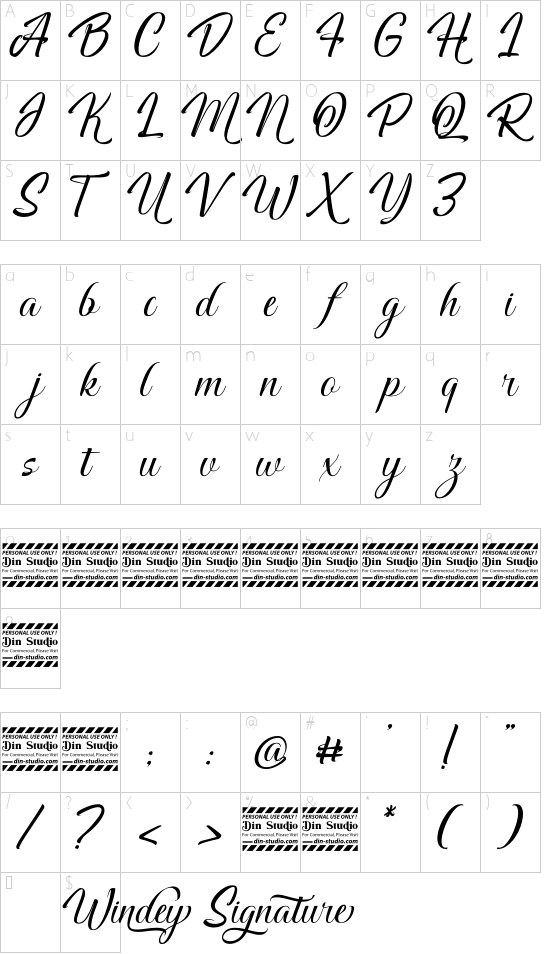 Windey Signature personal use font character map