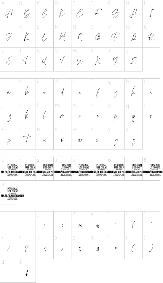 Black Phantom PERSONAL USE ONLY Regular font character map