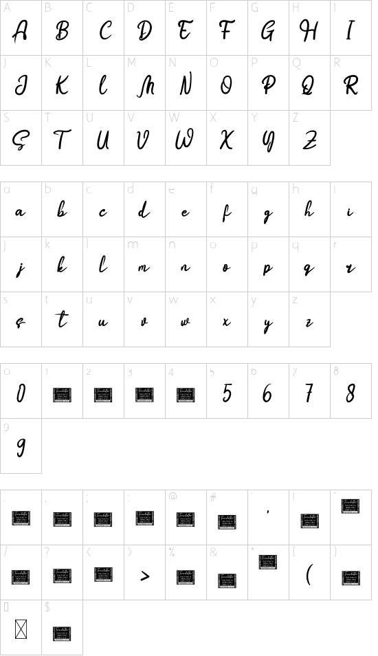 Boostnia Personal font character map