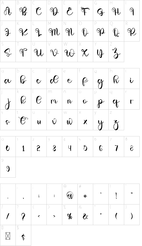 Glowing Girly font character map