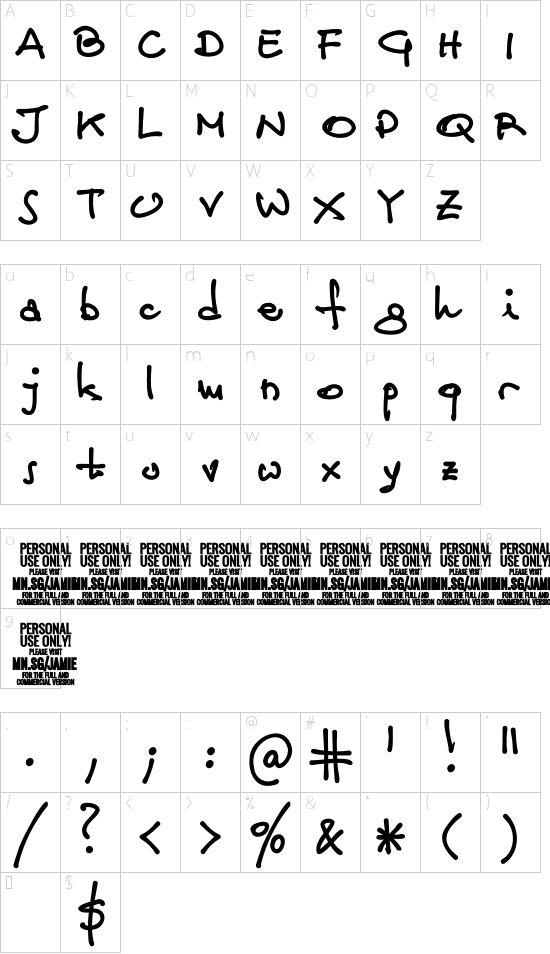 Jamie Handwriting Bold PERSONAL USE Regular font character map