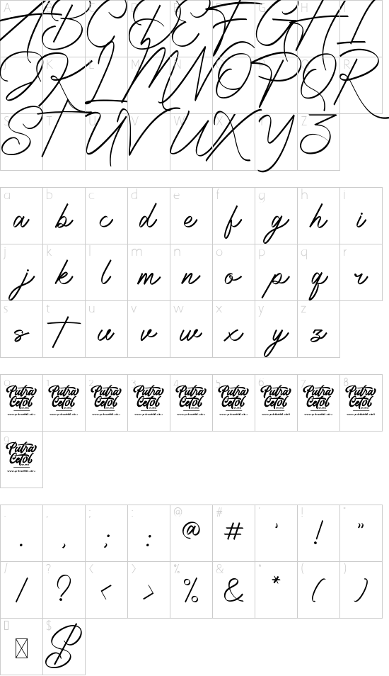 Radiantly Signature font character map