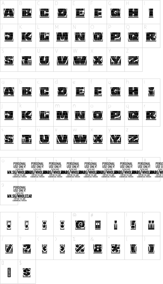 Wholecar PERSONAL USE ONLY Invert font character map