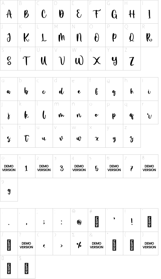 Beauty Melody Regular font character map