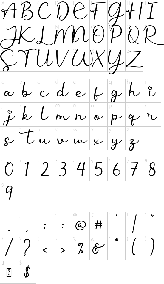 Narllina font character map