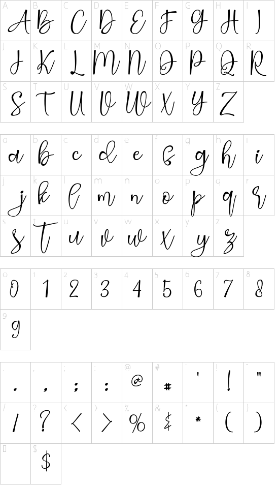 Stargild font character map