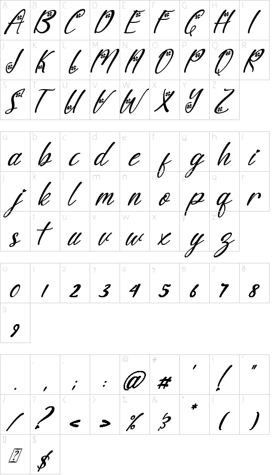 Sunny Love Italic font character map