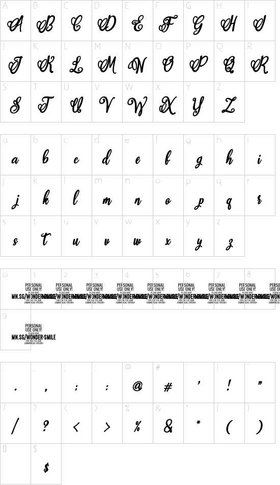 Wonder Smile Bold PERSONAL USE Italic font character map