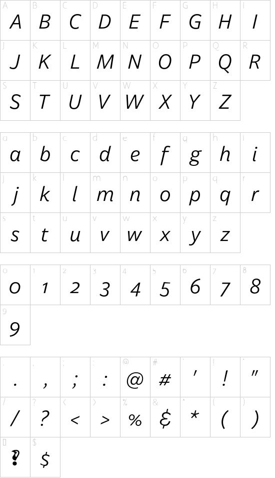 Billie DEMO Italic font character map