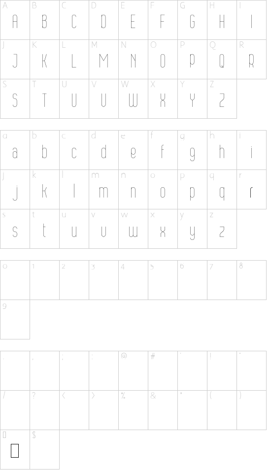 Bobogo Light font character map