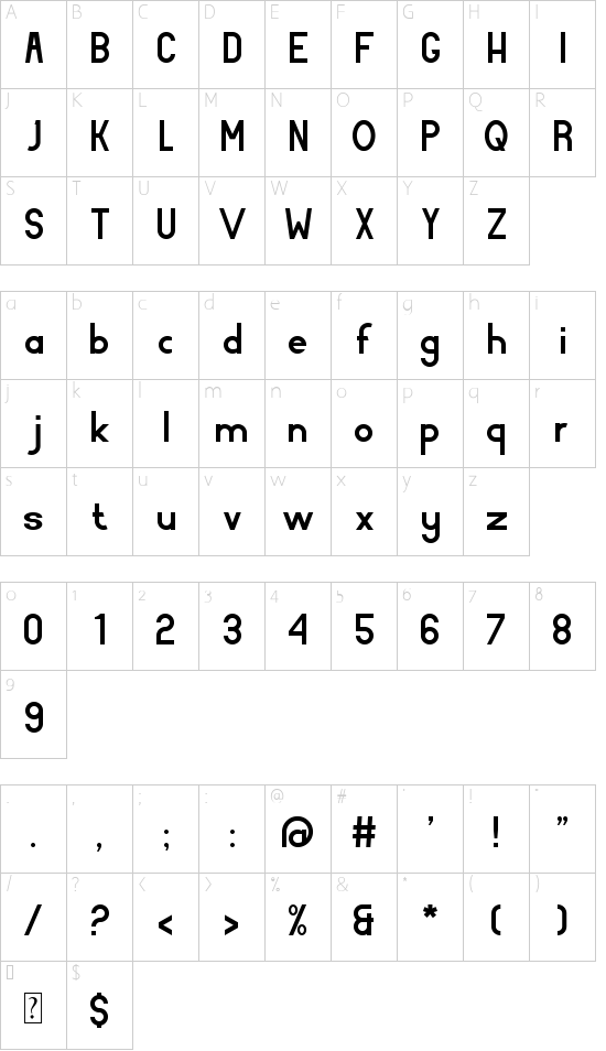 Bonza font character map