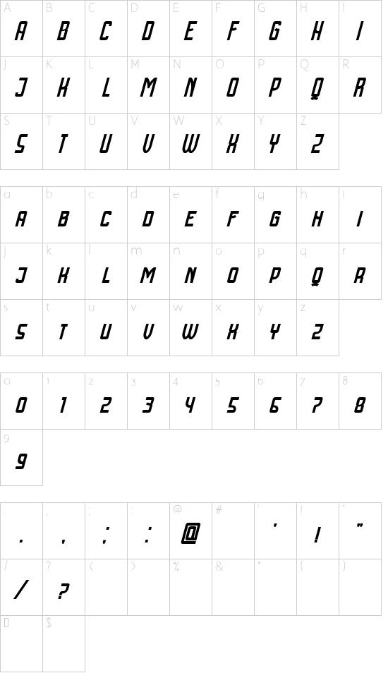 Cyrillic Attitudes Condensed Italic font character map