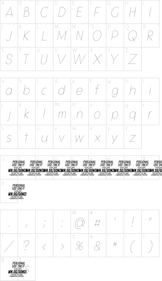 Gonzi Condensed PERSONAL USE Thin Italic font character map