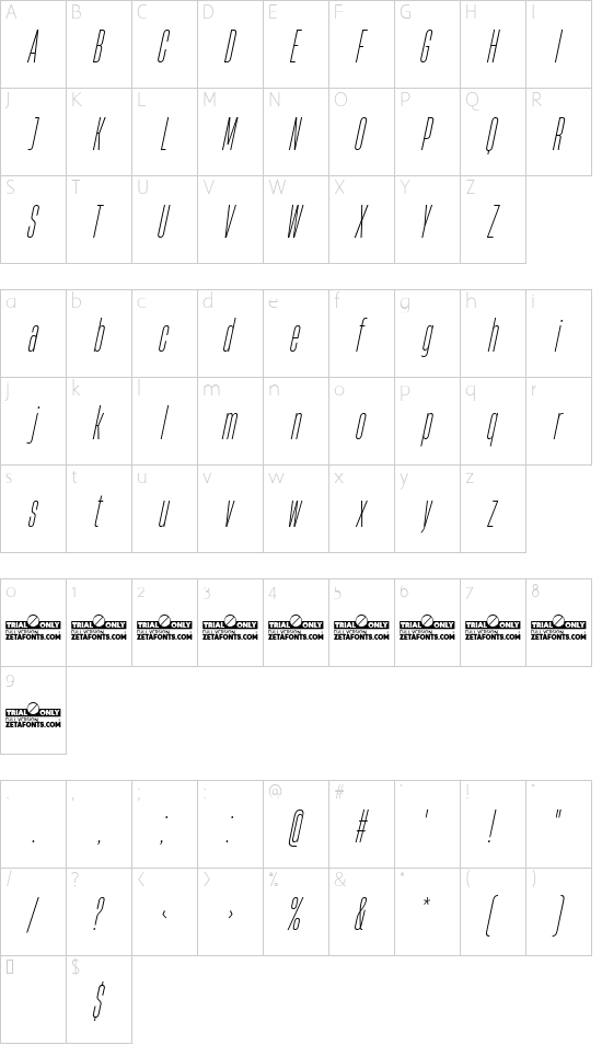 HeadingNow Trial 12 Light Italic font character map