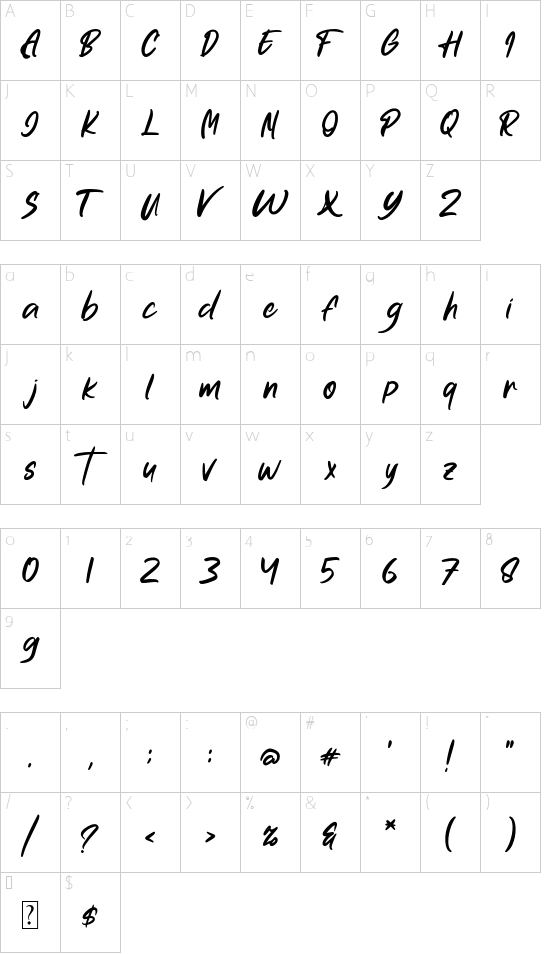 Fresnilo font character map