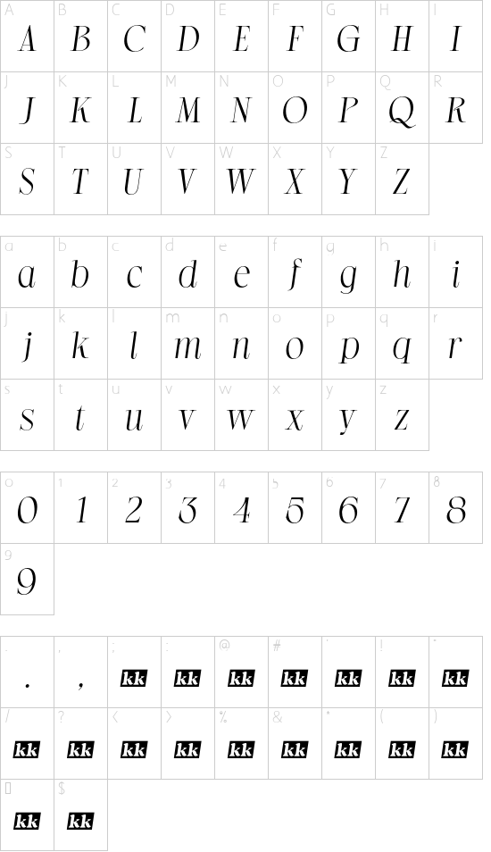 Grande Italic font character map