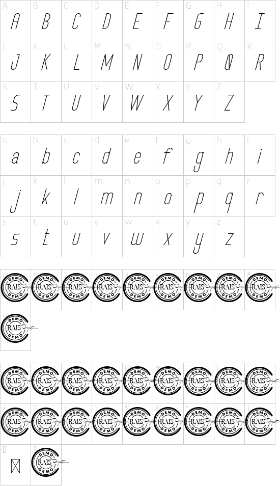 Luckney Demo Italic font character map