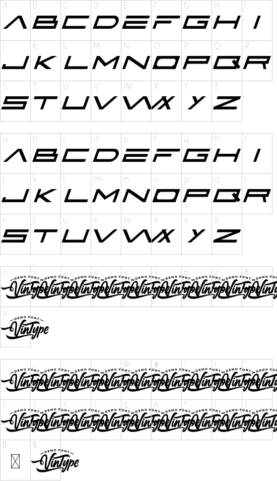 Active Space Demo Italic font character map