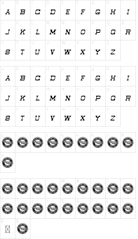 Brownfiled Demo Italic font character map