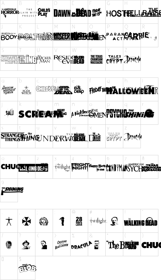 Scary Movie Gallery font character map