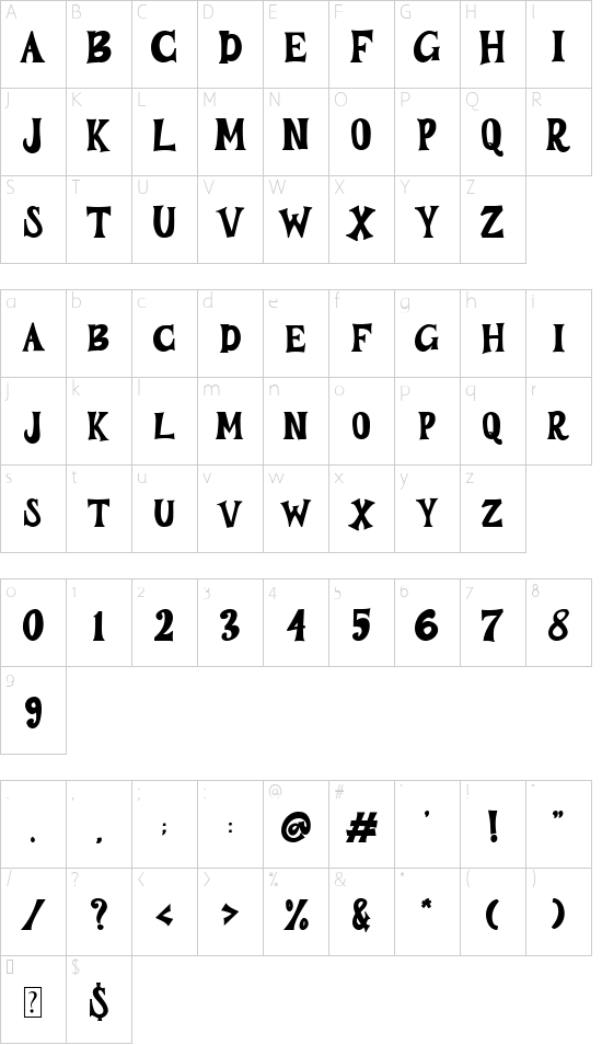 BUZTERY font character map