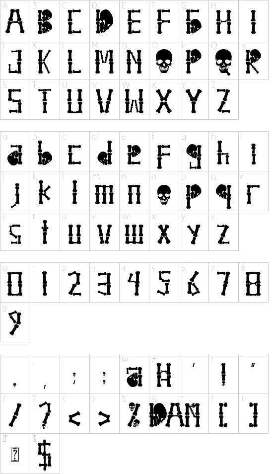 Ghost Skeleton font character map